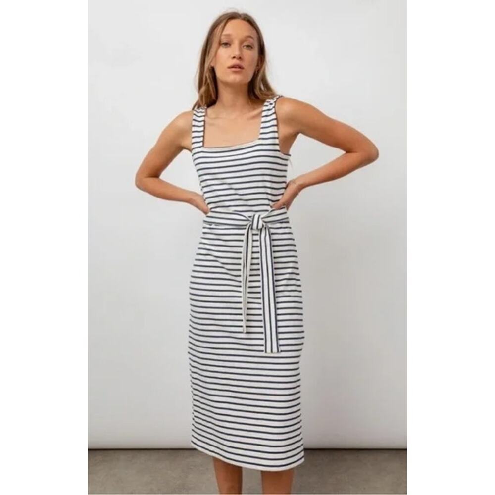 Rails Women's Taylin Chalk Navy Stripe Cotton Tank Midi Dress Belted Nautical L - Picture 3 of 13